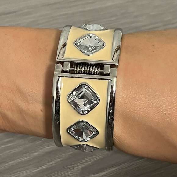 Ann Taylor Silver and Cream Enamel Hinged Bracelet with CZ Diamonds - Picture 2 of 7